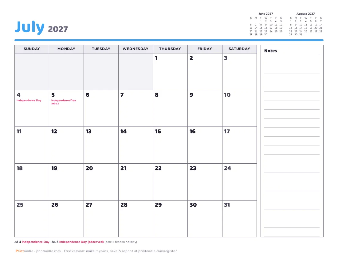 July 2027 calendar, with notes printable preview