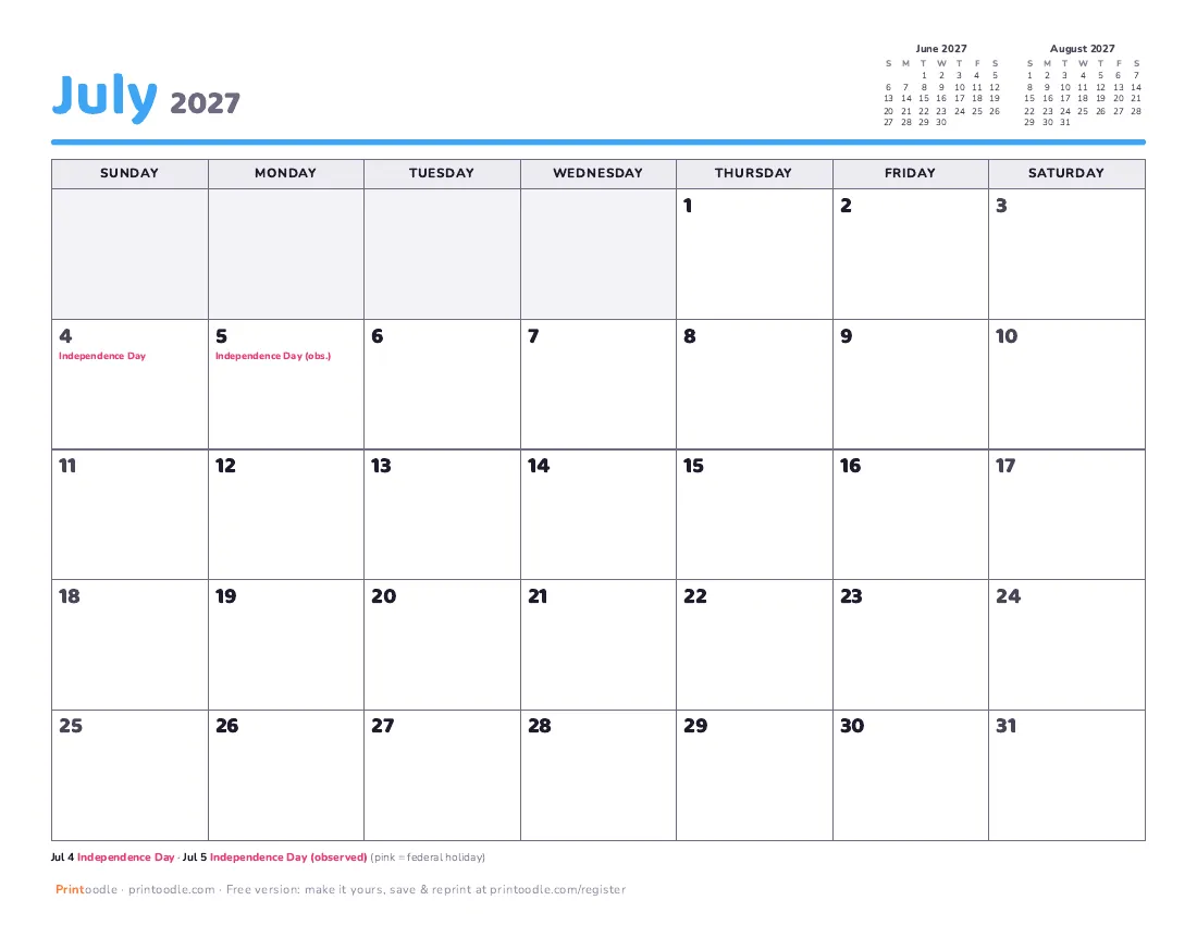 July 2027 calendar preview