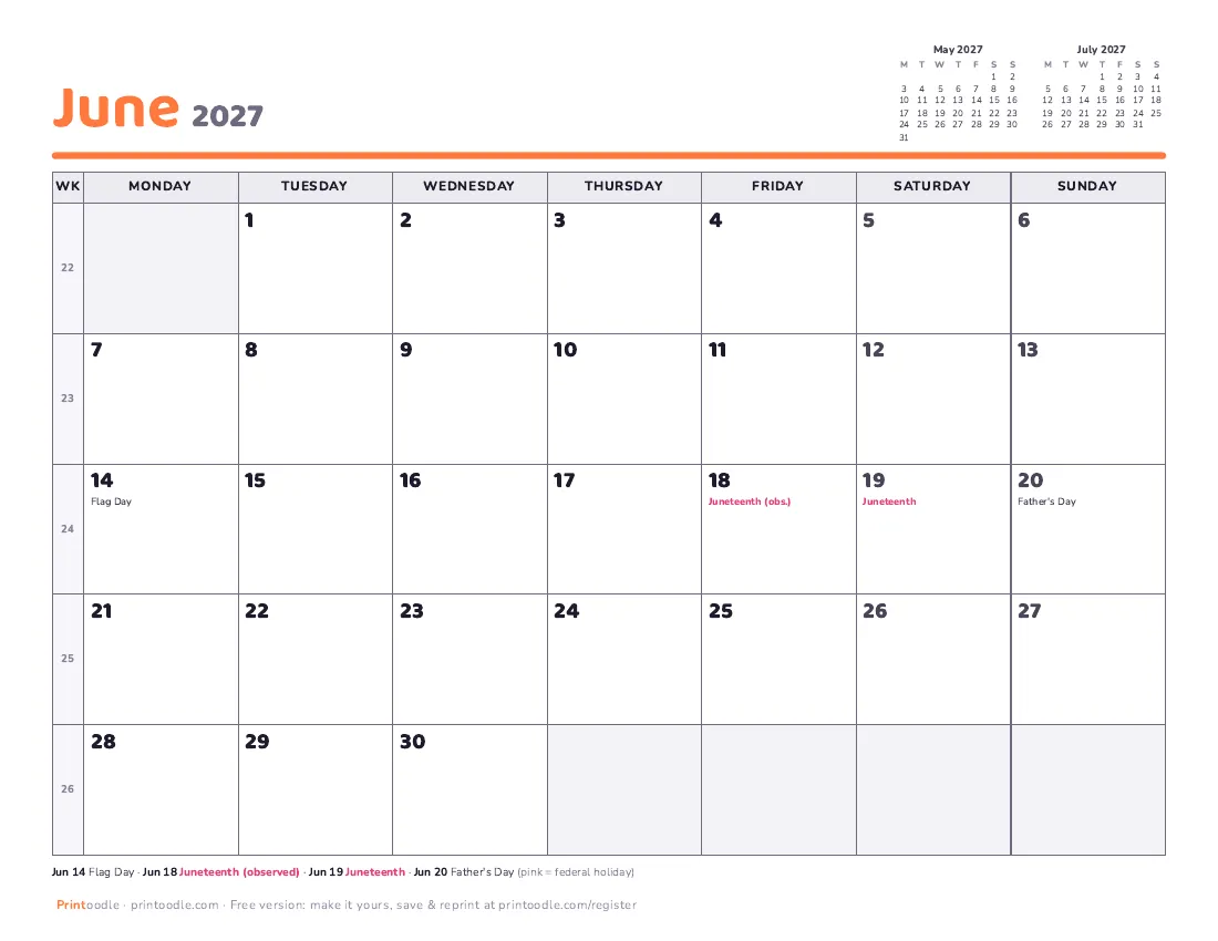 June 2027 calendar, Monday start printable preview