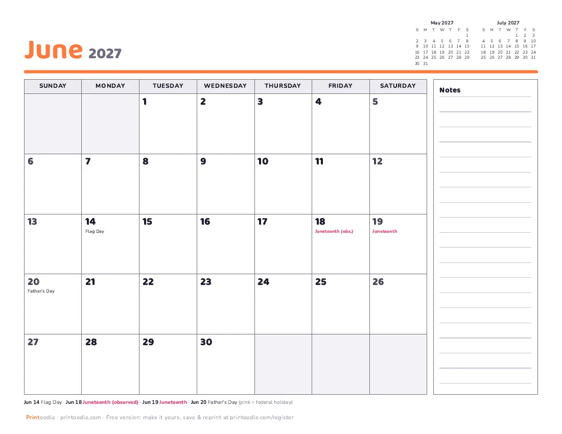 June 2027 calendar, with notes printable preview