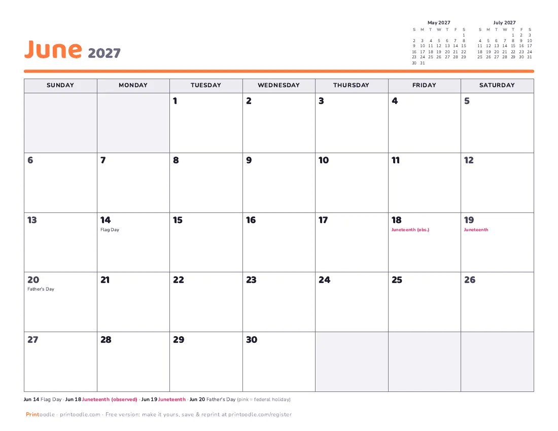 June 2027 calendar preview