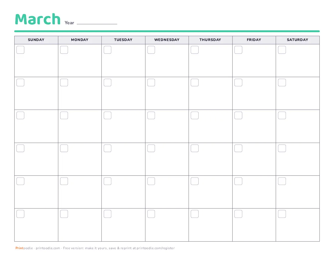 March 2027 calendar, blank printable preview