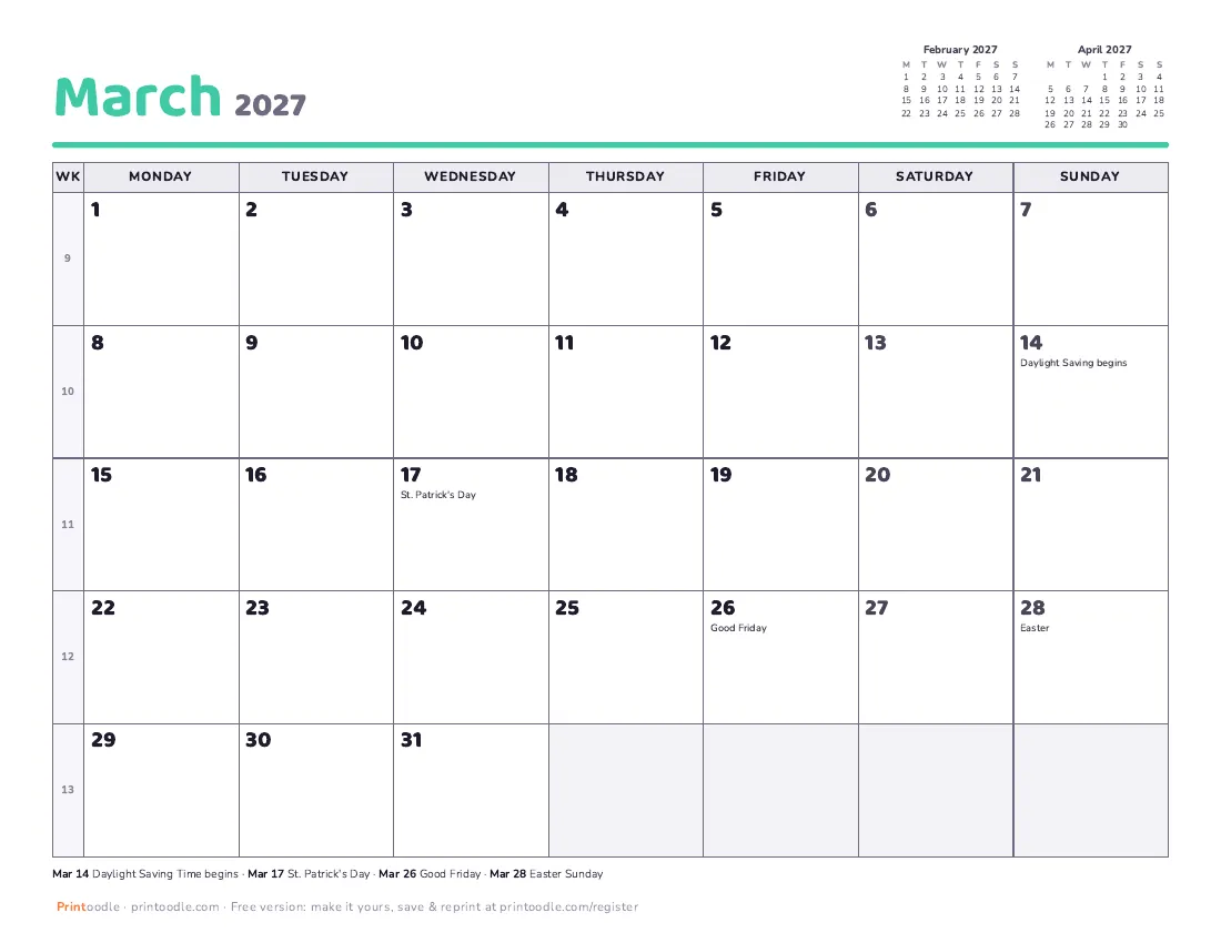 March 2027 calendar, Monday start printable preview