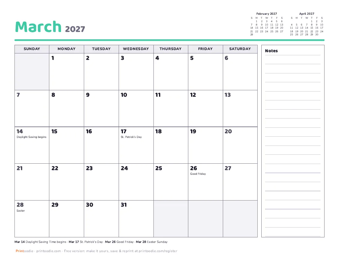 March 2027 calendar, with notes printable preview