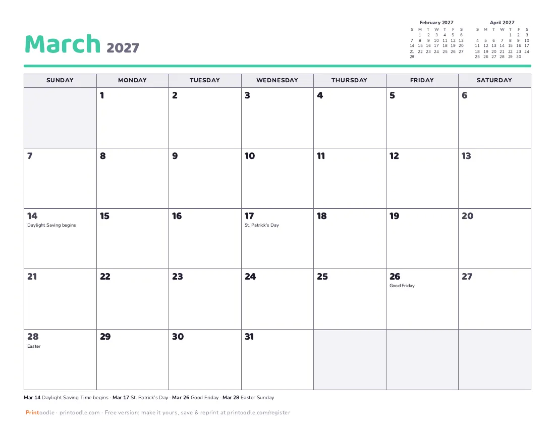 March 2027 calendar preview