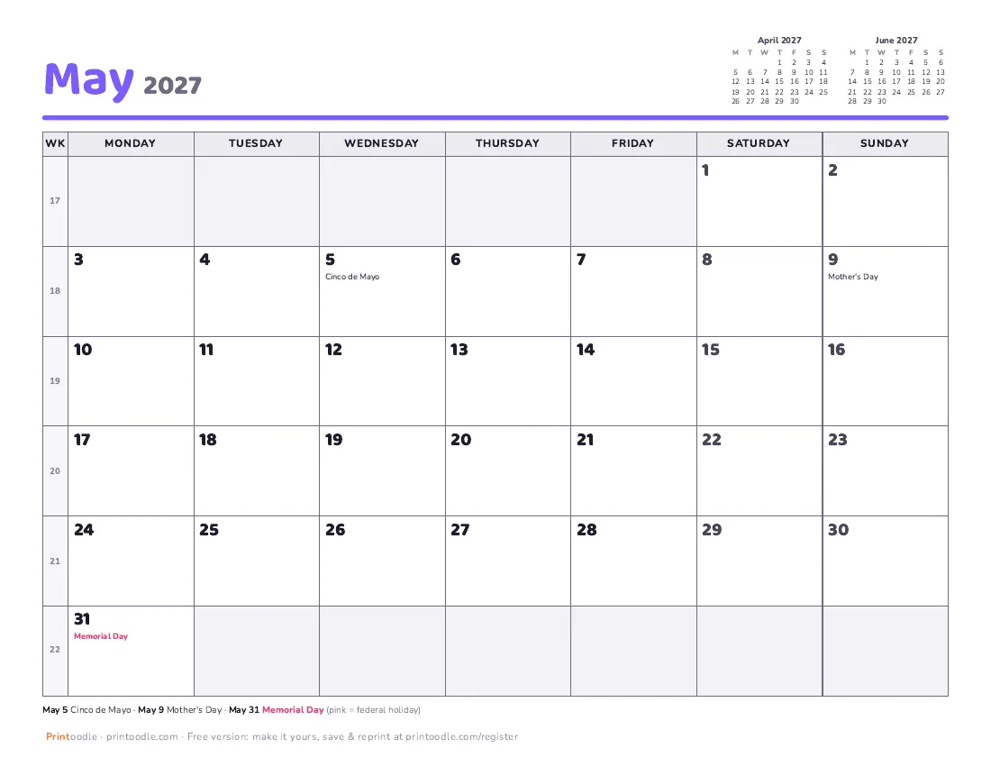 May 2027 calendar, Monday start printable preview
