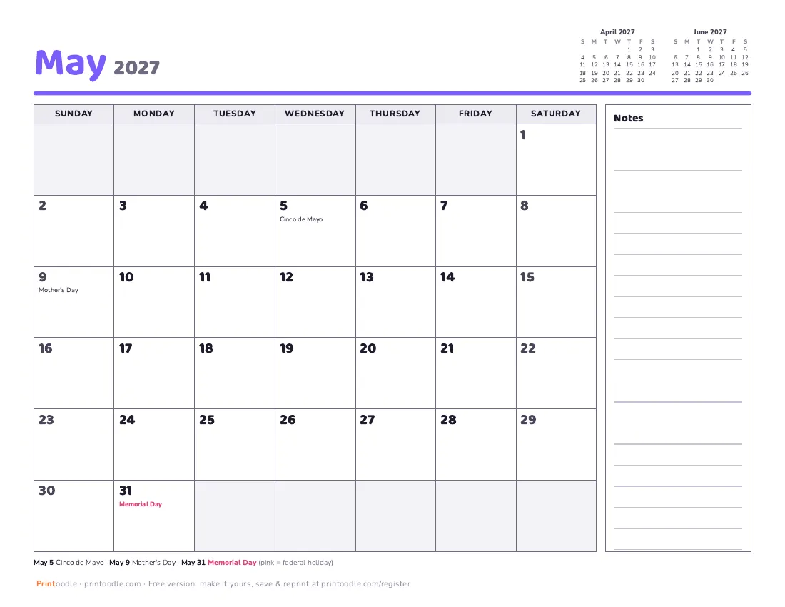 May 2027 calendar, with notes printable preview