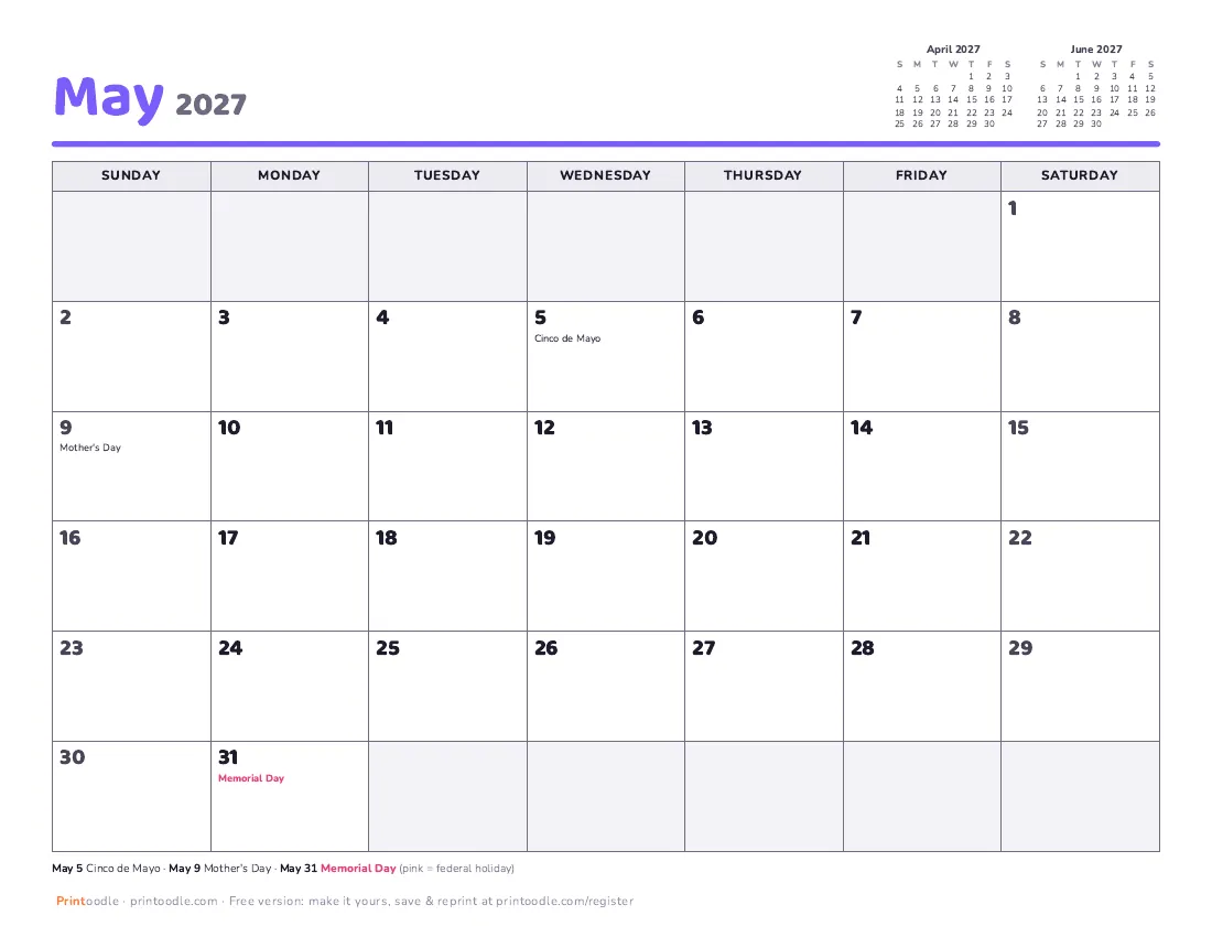 May 2027 calendar preview