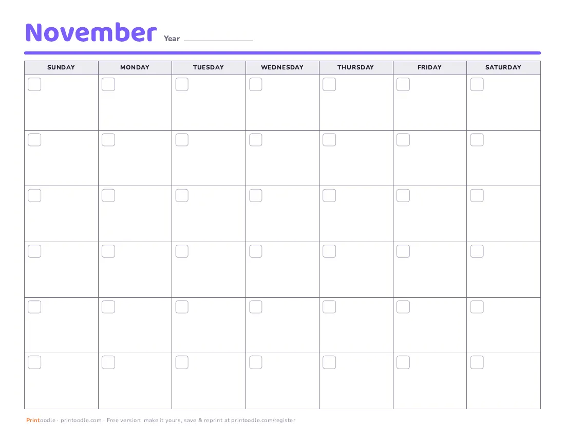 November 2027 calendar, blank printable preview