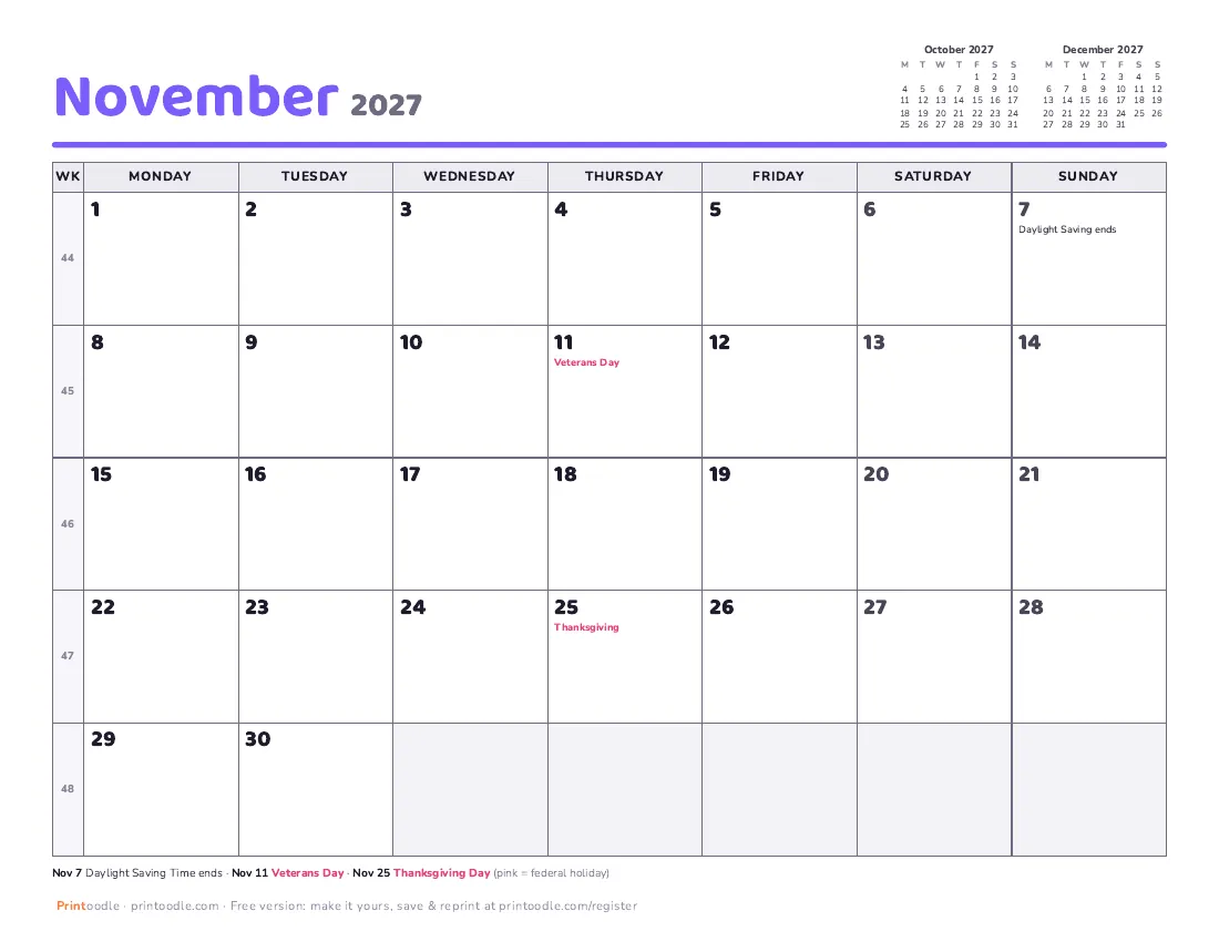 November 2027 calendar, Monday start printable preview