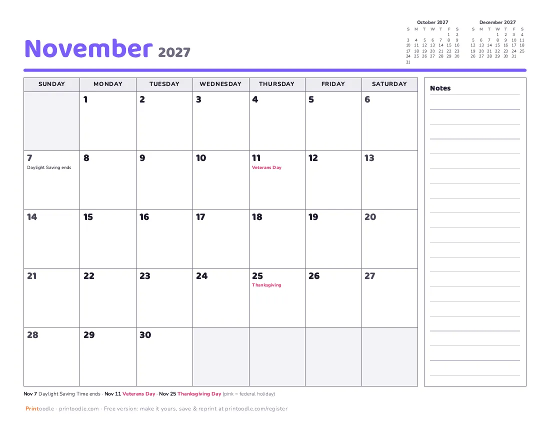 November 2027 calendar, with notes printable preview