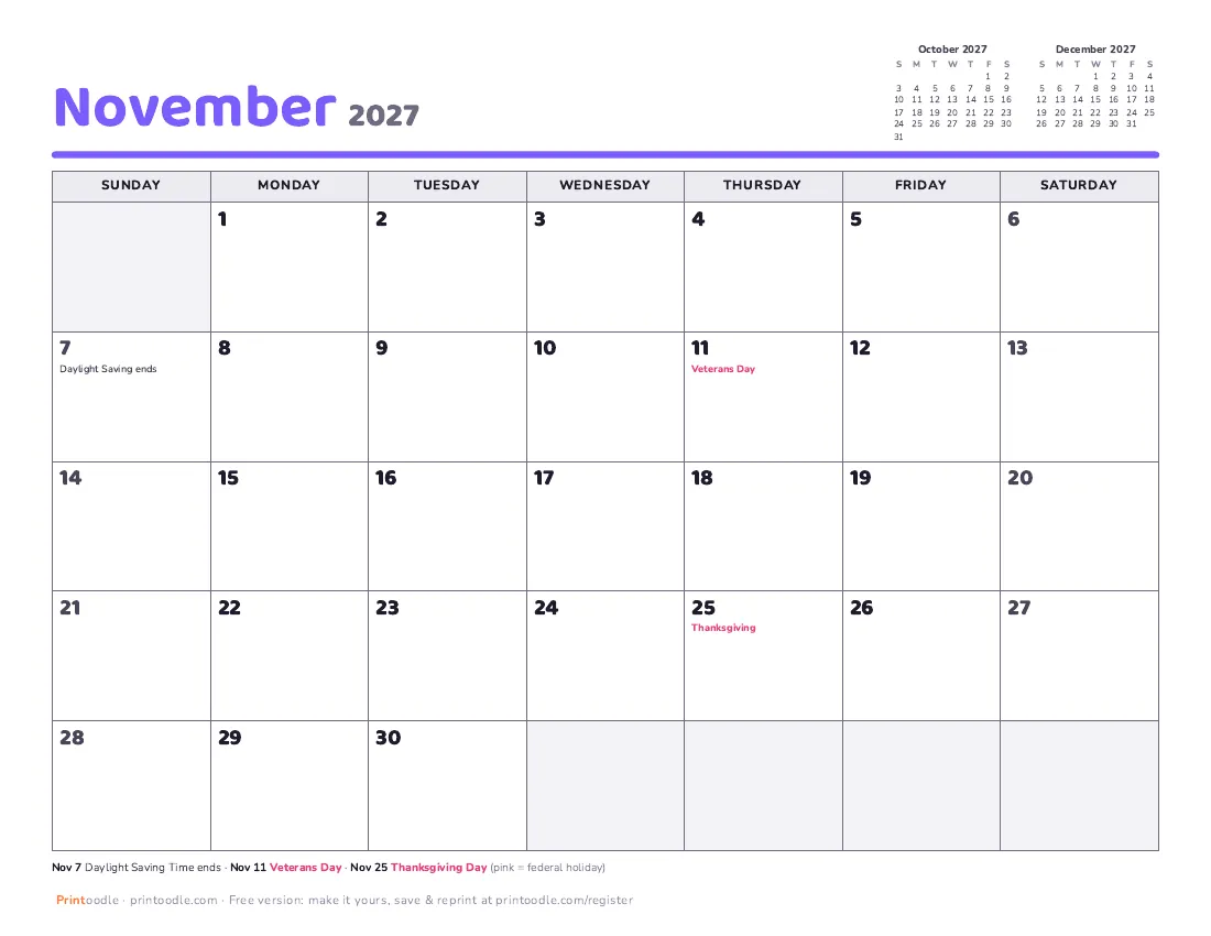 November 2027 calendar preview