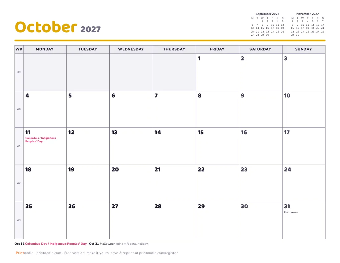 October 2027 calendar, Monday start printable preview
