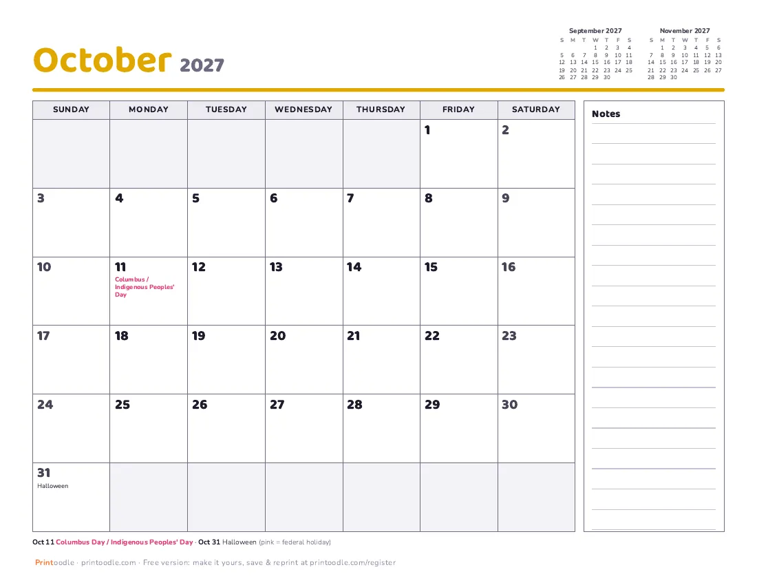 October 2027 calendar, with notes printable preview