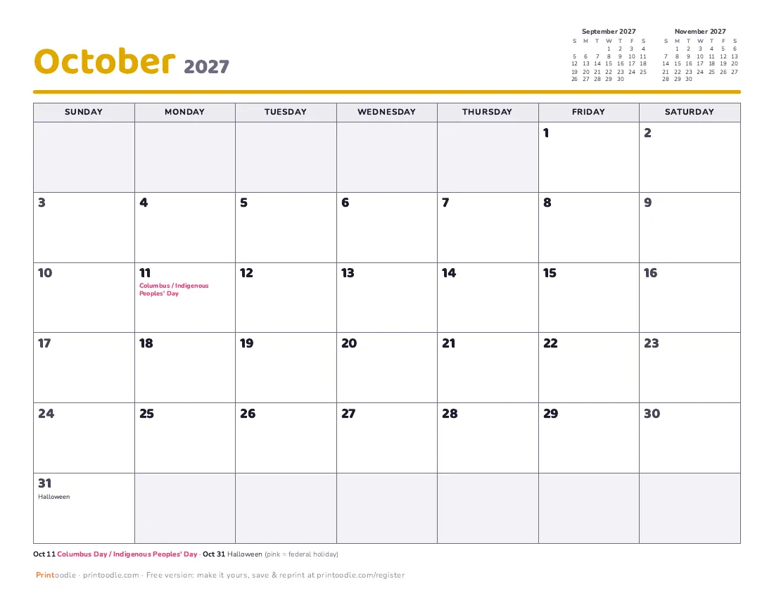 October 2027 calendar preview