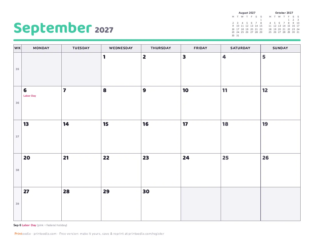 September 2027 calendar, Monday start printable preview