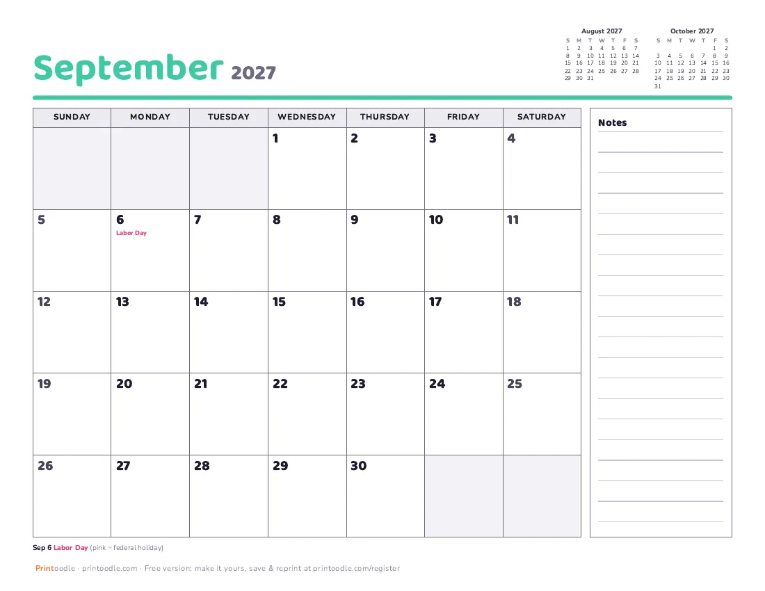September 2027 calendar, with notes printable preview