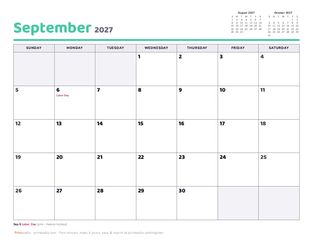 September 2027 calendar preview