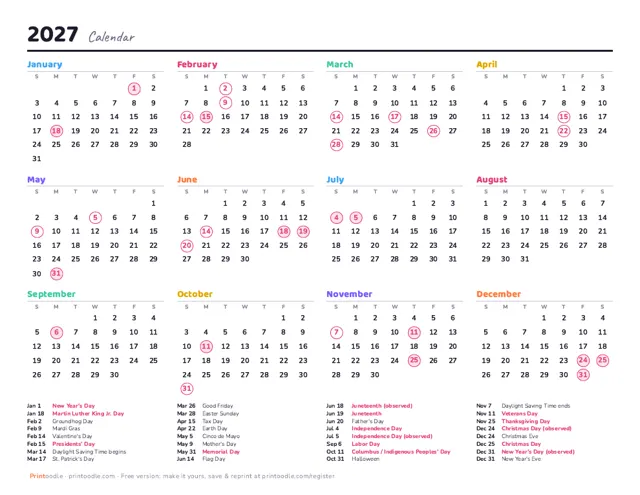2027 Calendar with Holidays printable sample