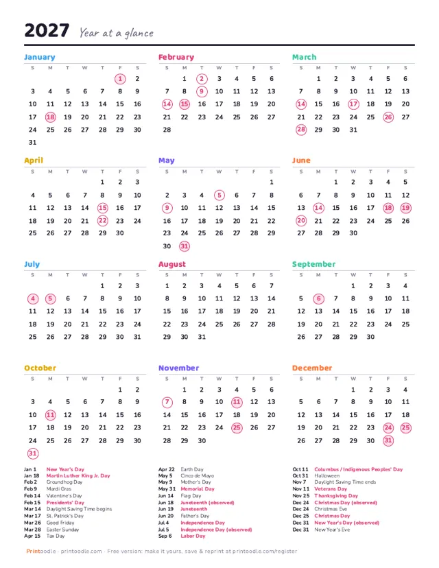 2027 Yearly Calendar printable sample