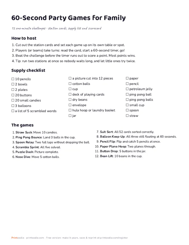 60-Second Party Games printable sample