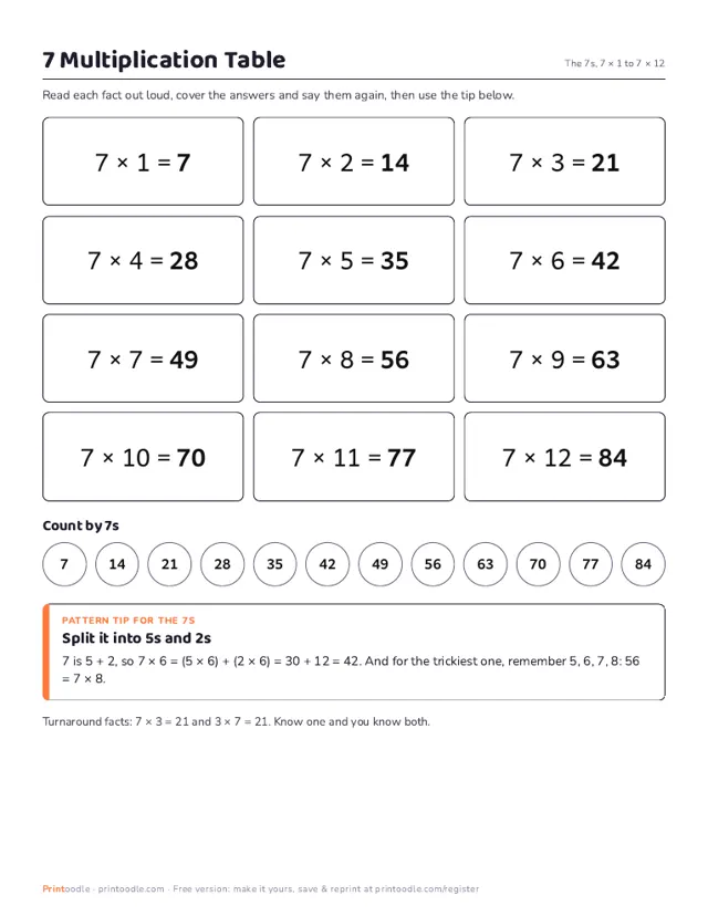 7 Multiplication Table printable sample