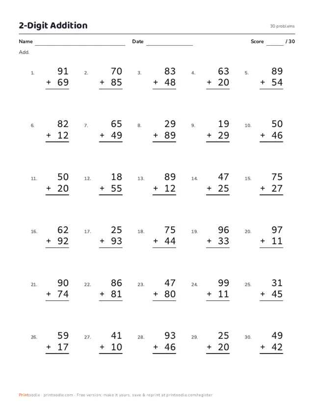 Addition Worksheets printable sample
