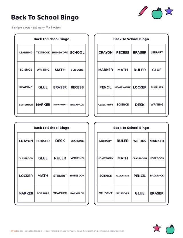 Back to School Bingo Cards sample page