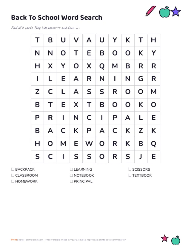 Back to School Word Search sample page