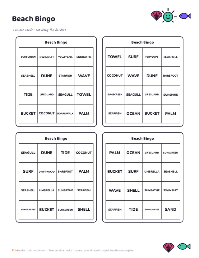 Beach Bingo Cards sample page