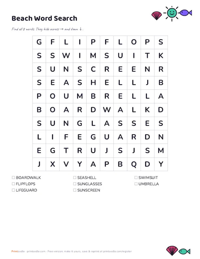 Beach Word Search sample page