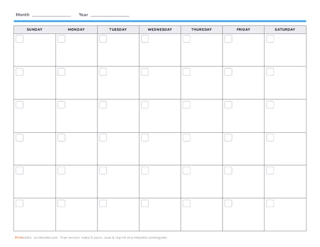 Blank Monthly Calendar printable sample