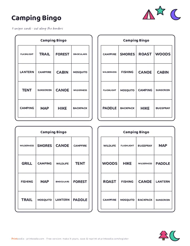 Camping Bingo Cards sample page