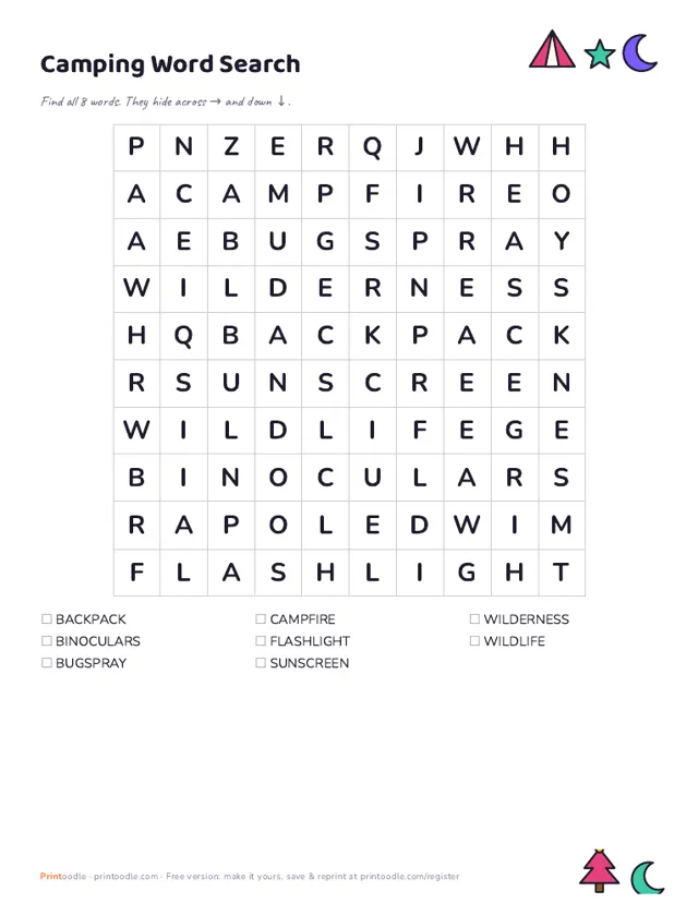 Camping Word Search sample page