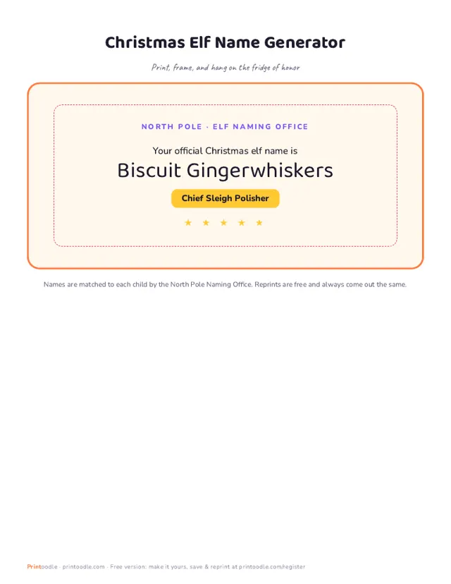 Christmas Elf Names printable sample