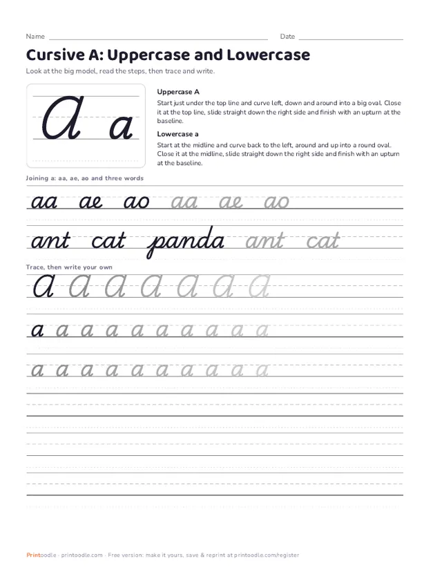 Cursive A printable sample