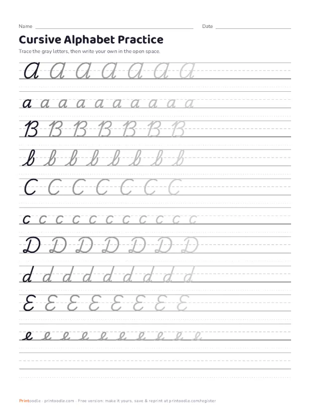 Cursive Alphabet Worksheets printable sample