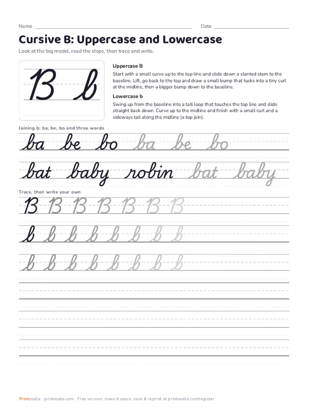 Cursive B printable sample