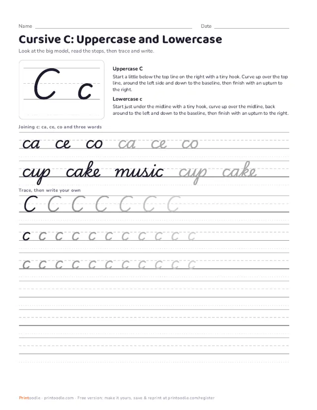 Cursive C printable sample