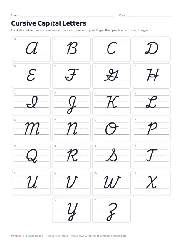 Cursive Capital Letters printable sample