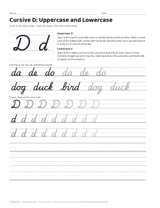 Cursive D printable sample