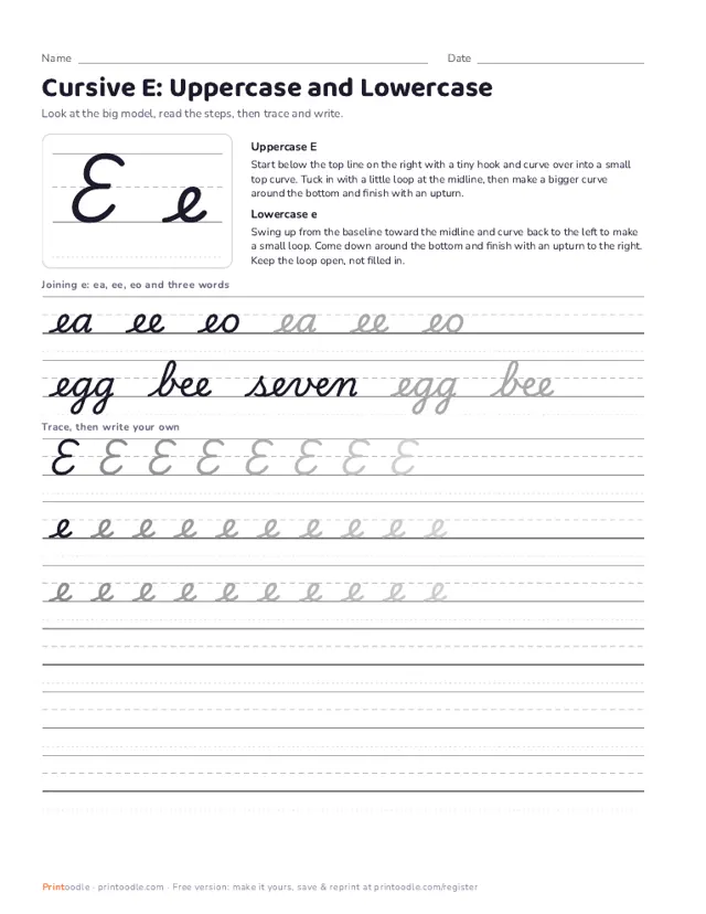 Cursive E printable sample