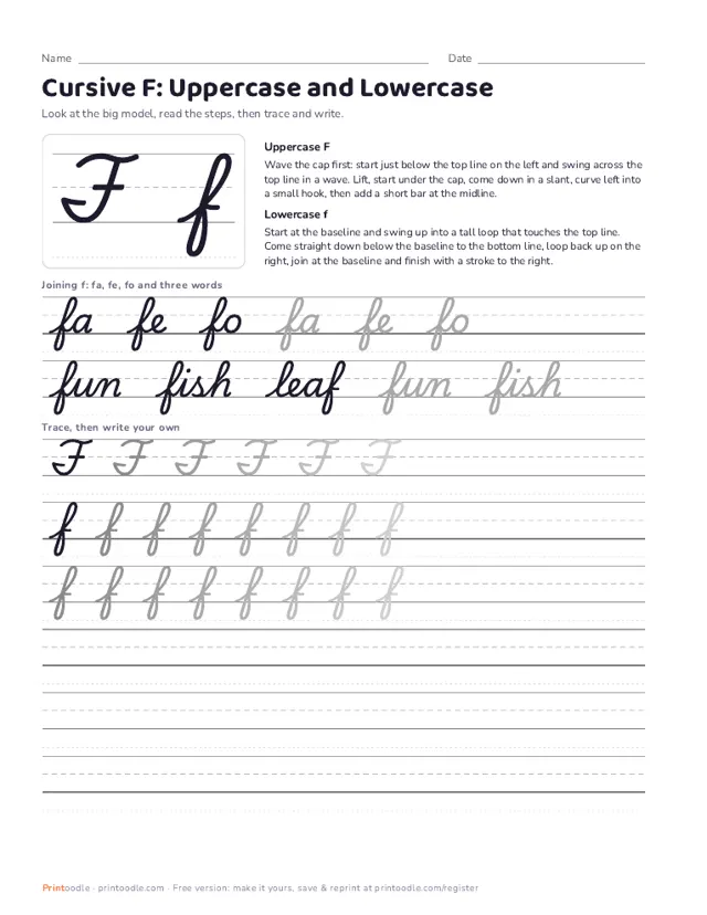 Cursive F printable sample