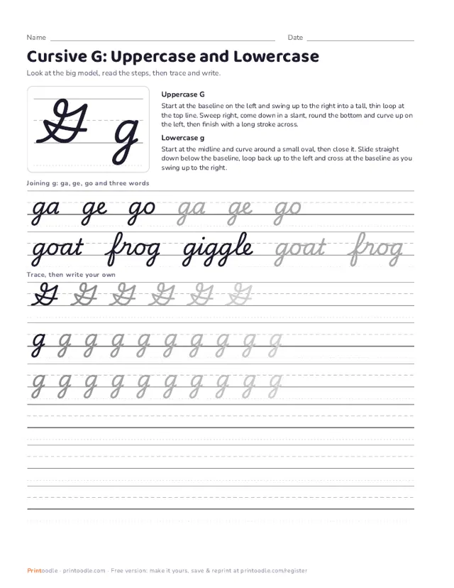 Cursive G printable sample