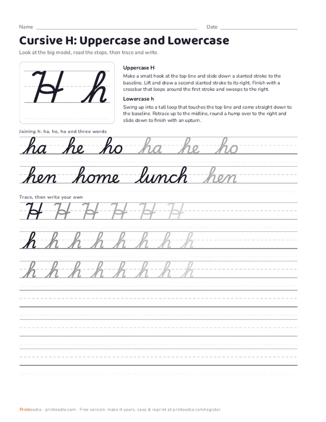 Cursive H printable sample