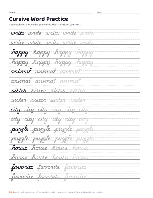Cursive Handwriting Practice printable sample