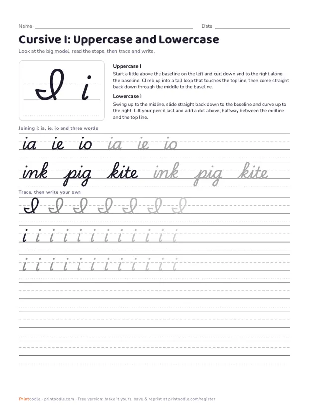 Cursive I printable sample