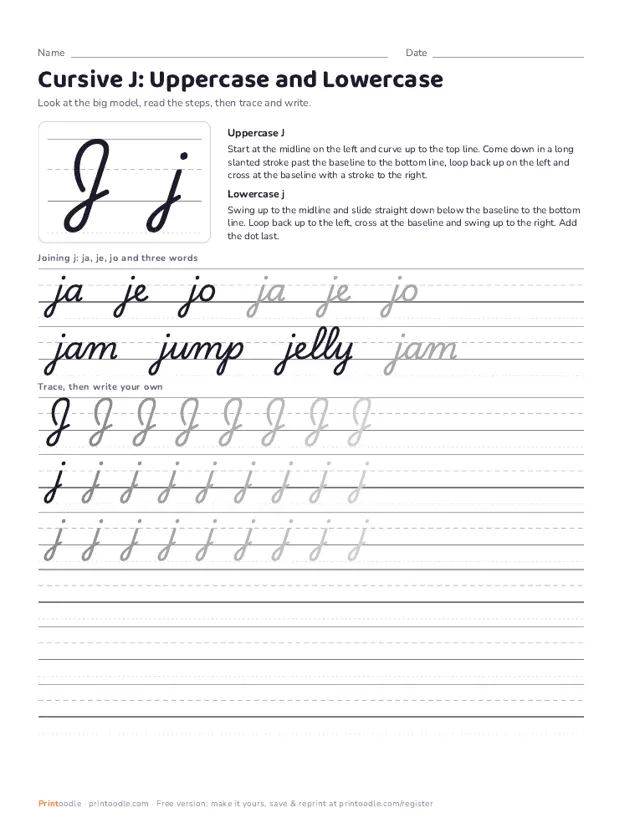 Cursive J printable sample
