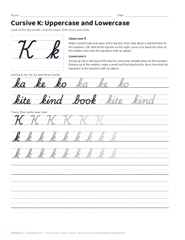Cursive K printable sample