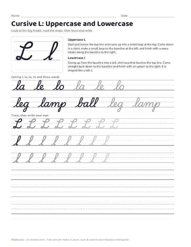 Cursive L printable sample